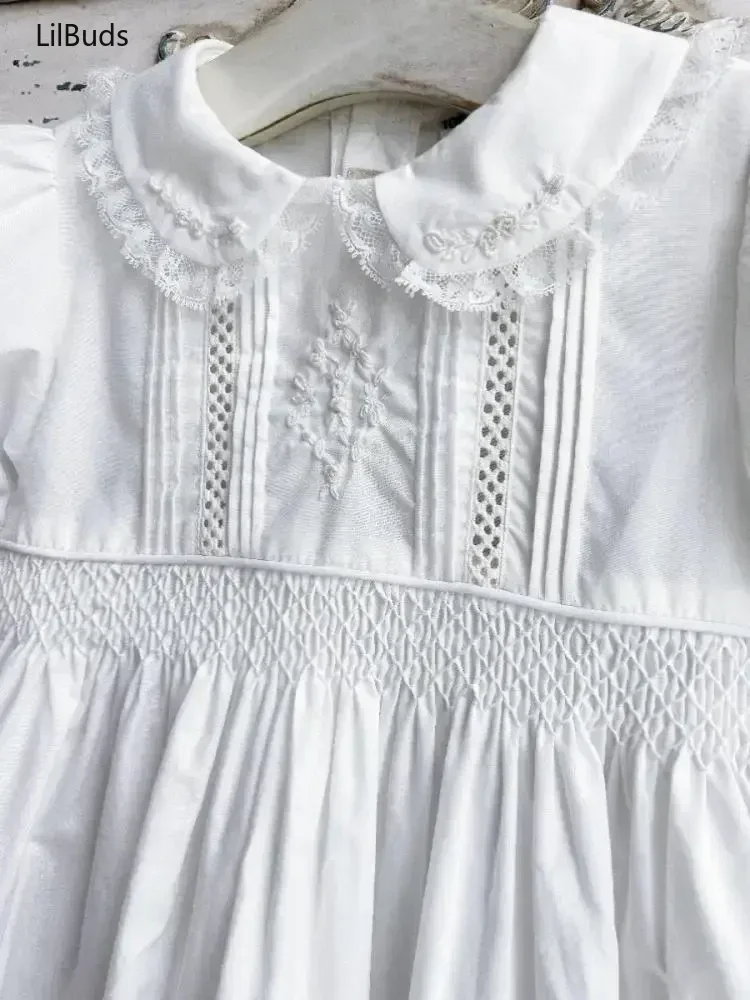 Baby Kids Birthday Baptism Frock Children Matching Outfit Girls Smocked Embrodiery Spanish Clothes HandMade Smocking White Dress