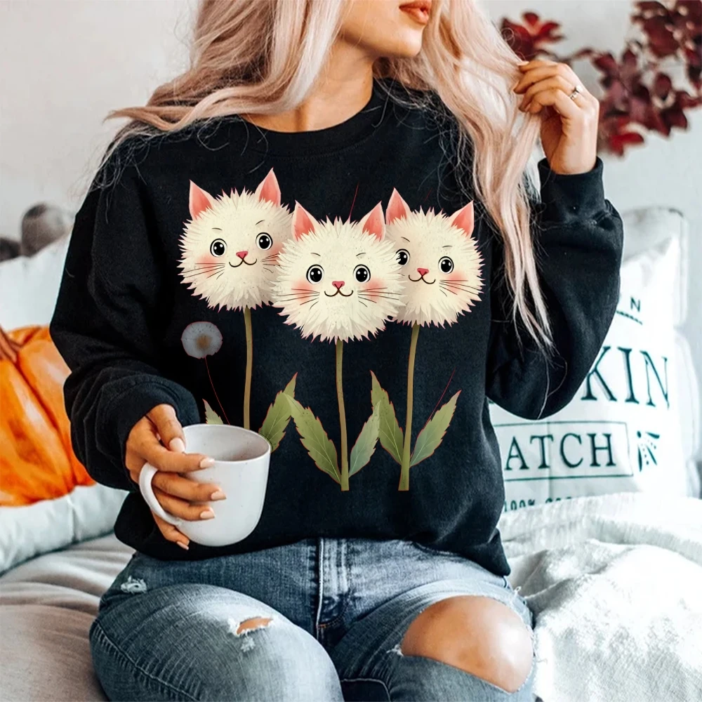 بلوزات نسائية برقبة دائرية، سترات لطيفة منفوشة على شكل قطة، مطبوعة برسومات جرافيك، بلوفر كاجوال، ملابس خريفية كبيرة الحجم من القطن