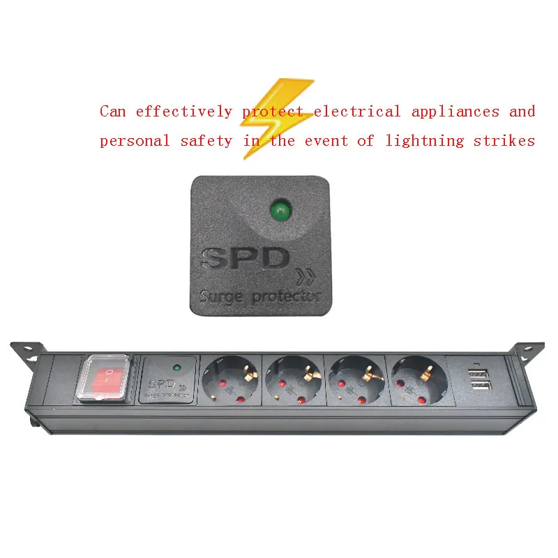 PDU power supply network cabinet rack concealed desktop EU socket 1-8AC, with double break switch USB charging surge protection