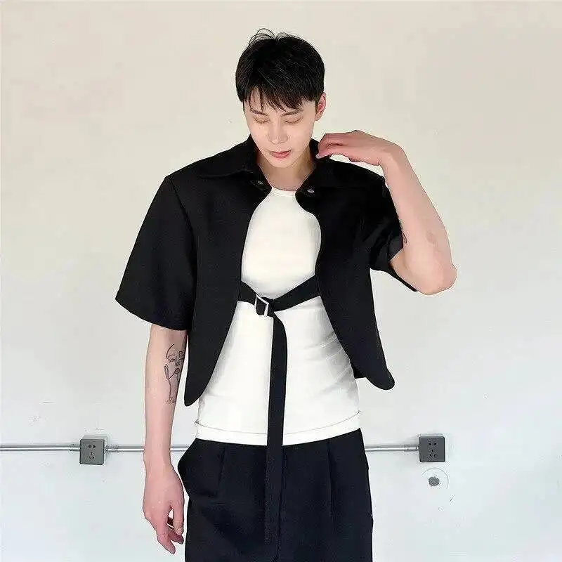 Niche Hollow Out Design Men's Short Sleeve Shirt With Buckle Strap Trendy Half Sleeve Top Summer Fashion New A7H0