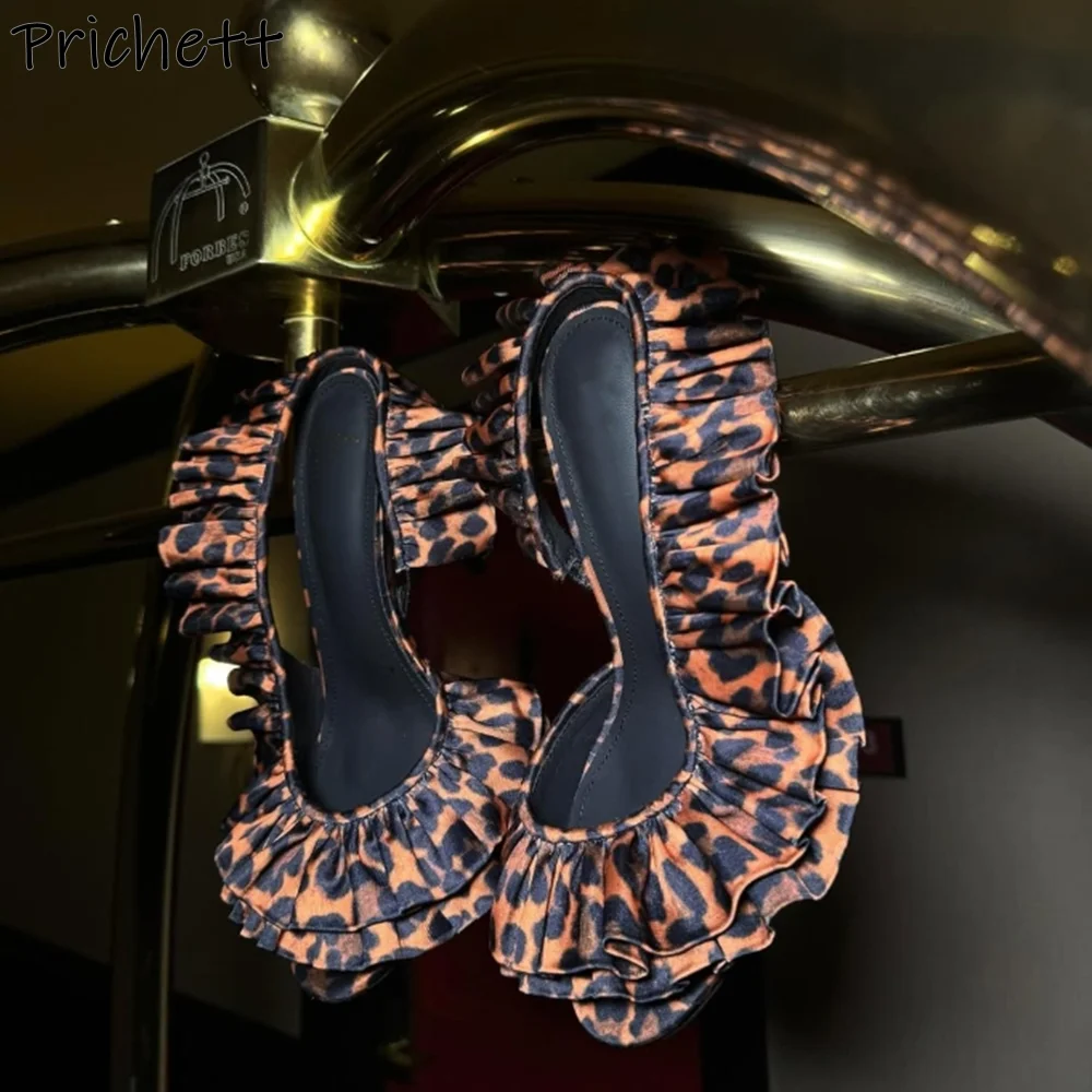 Leopard/solid Pleated Satin Sandals Ruffles Peep Toe Slingback Dress Surround Lace Shoes Women's Sexy Stiletto Shoes 2025
