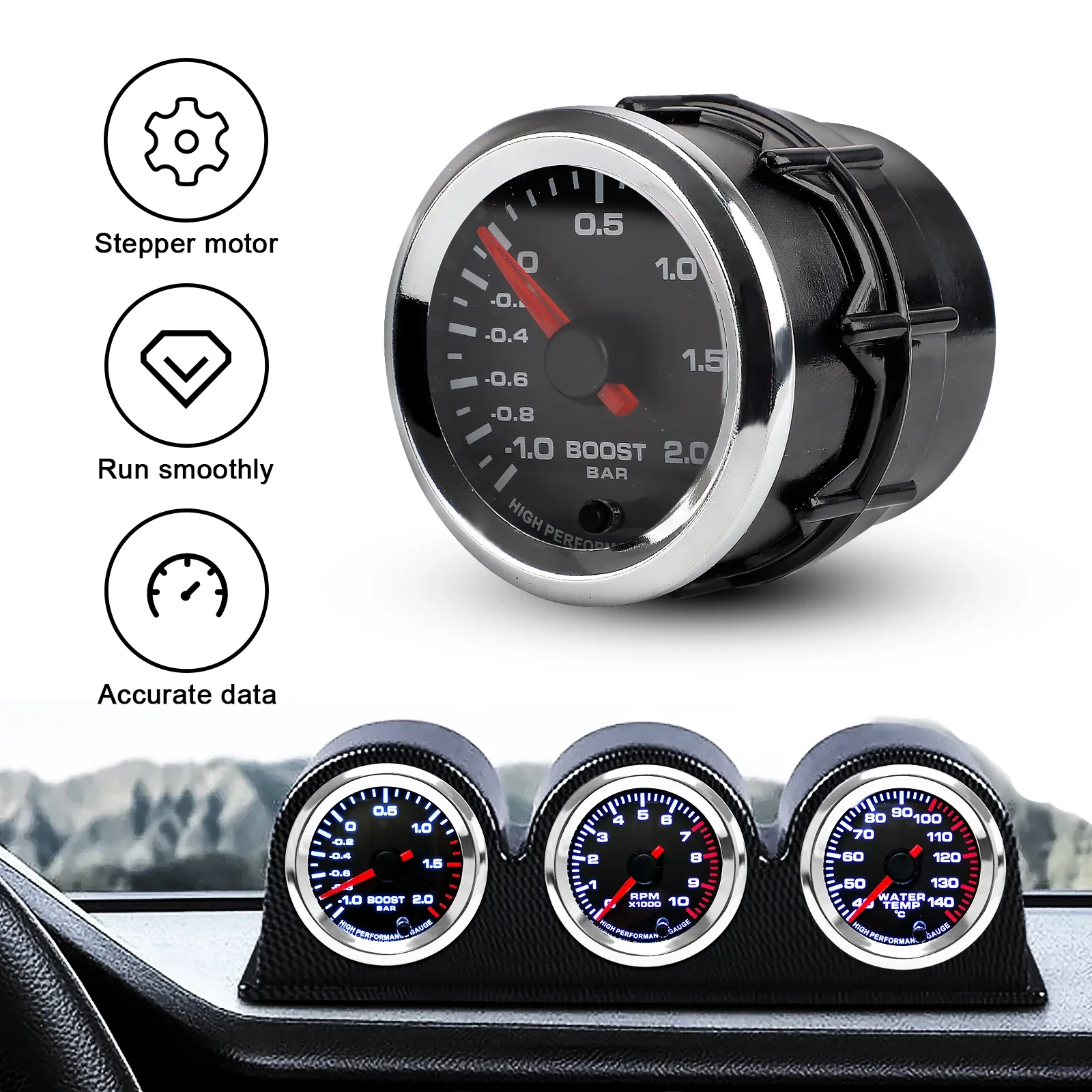 1-2 BAR 7 Colors Pointer ABS Steel Glass Boost Gauge With Stepper Motor New Car 2'' 52mm 12V Turbo Boost Gauge