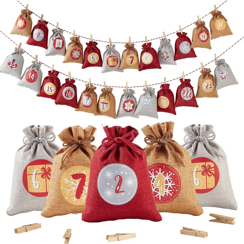 2024 Christmas Countdown Linen Drawstring Bag Set Chocolates Toffee Storage Christmas Party Decoration Gift Packaging Bag