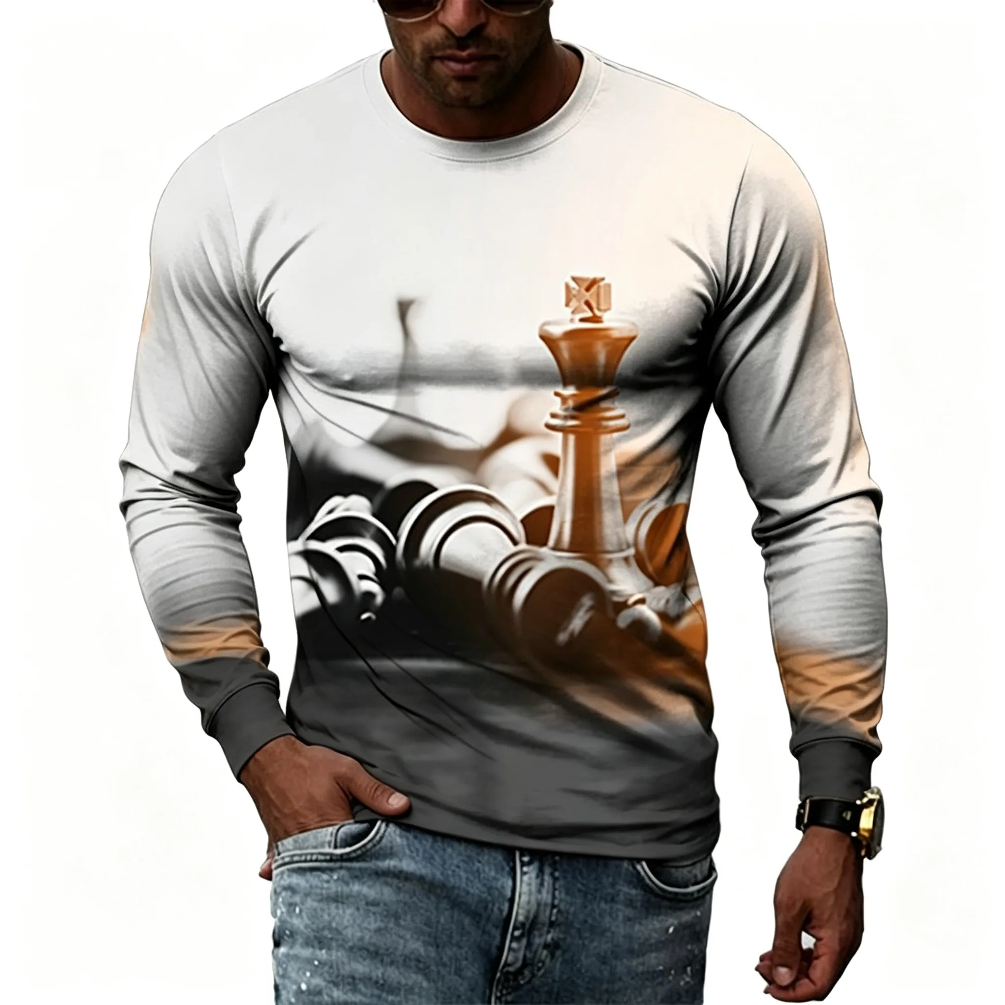 Men's Long Sleeve T-Shirt 3D Chess Pieces Board Game Print Crew Neck Streetwear Top