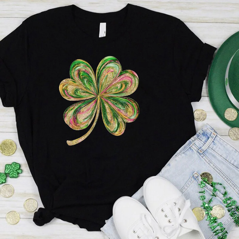 

St. Patrick's Day Glitter Shamrock Tshirt Four Leaf Clover Tee Sequined Shirt for St. Patrick's Day Aesthetic Clothes