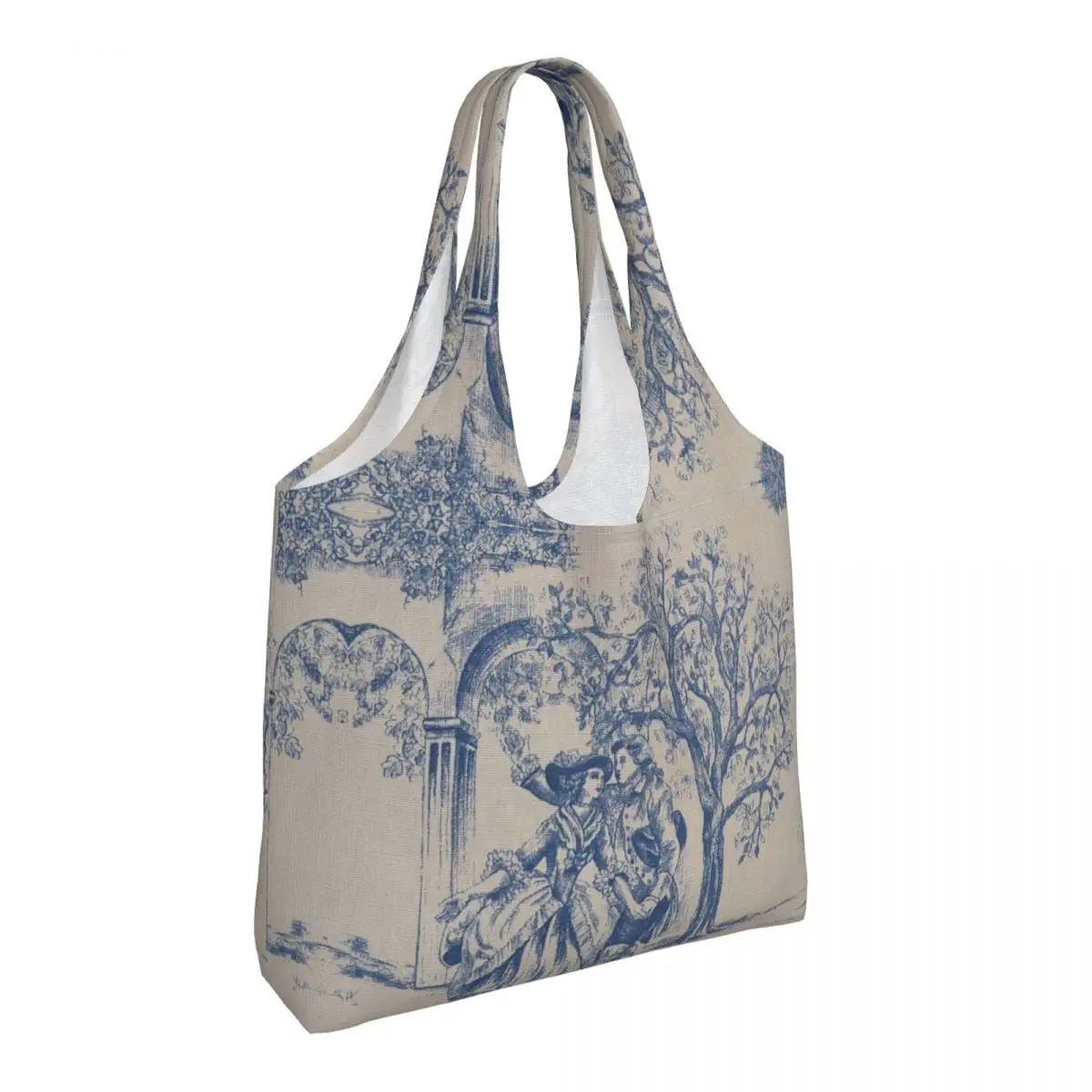 Vintage Classic French Toile De Jouy Navy Blue Motif Pattern Shopping Tote Bags Reusable Groceries Canvas Shopper Shoulder Bag