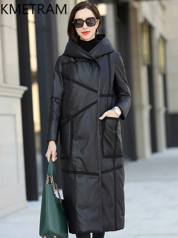 معطف جلد طبيعي من جلد الغنم الطبيعي من KMETRAM سترة بيضاء بطة أسفل بقلنسوة سوداء منتفخة ملابس نسائية شتوية طويلة 20257]