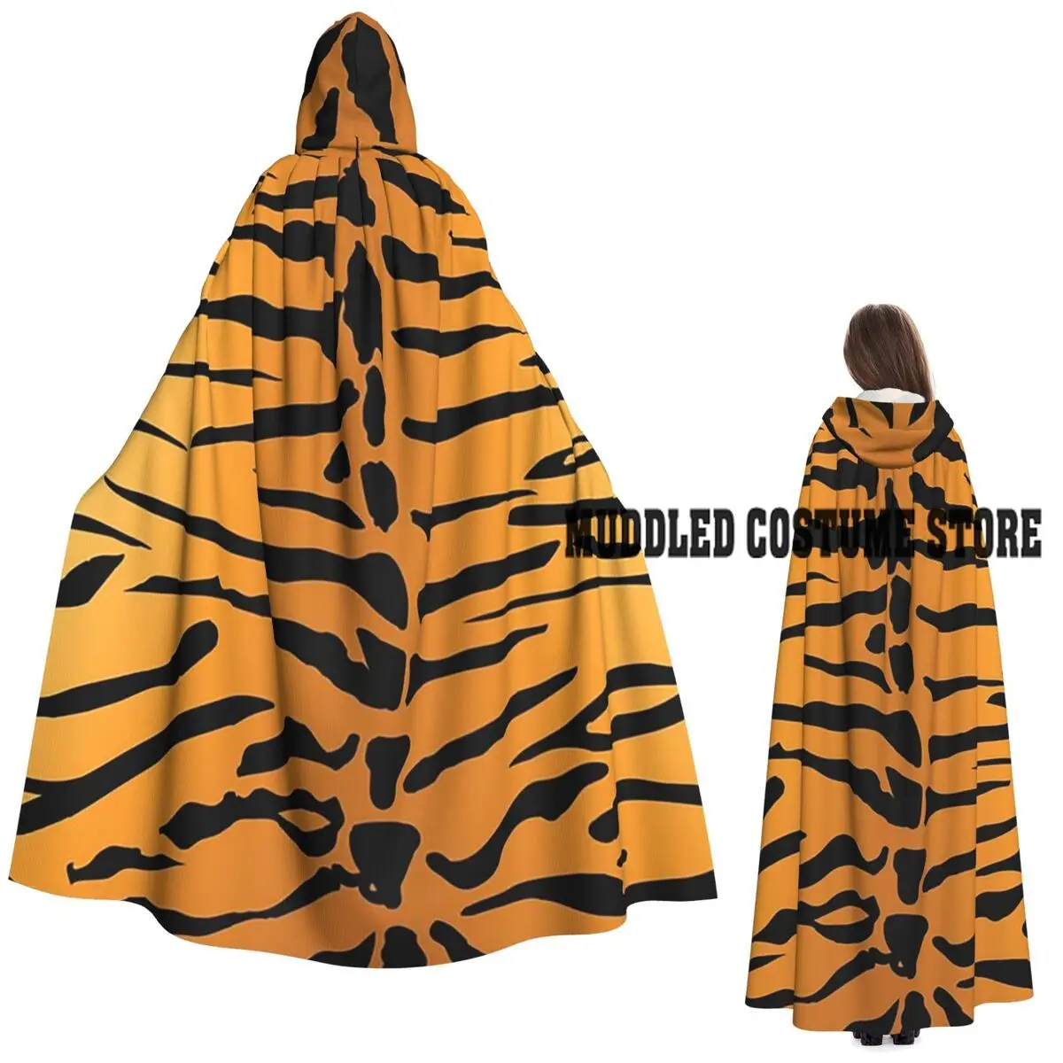 

Эскиз из меха тигра, цветное изображение, длинный плащ с капюшоном, средневековый костюм ведьмы, накидка для косплея, накидка на Хэллоуин, вампир, для взрослых, унисекс