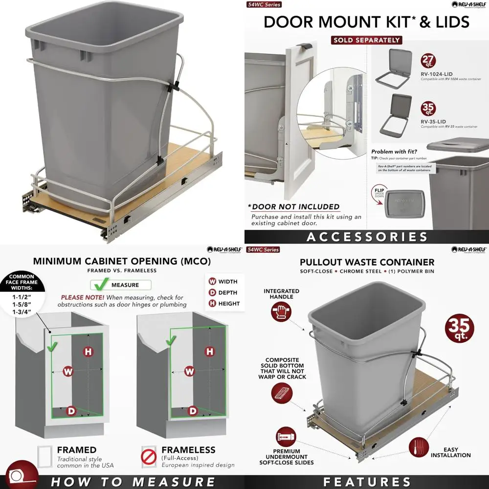 

Under Cabinet 35-Quart Steel Waste Bin with Soft Close, Single 8.75 Gallon Trash Container for Kitchen Use