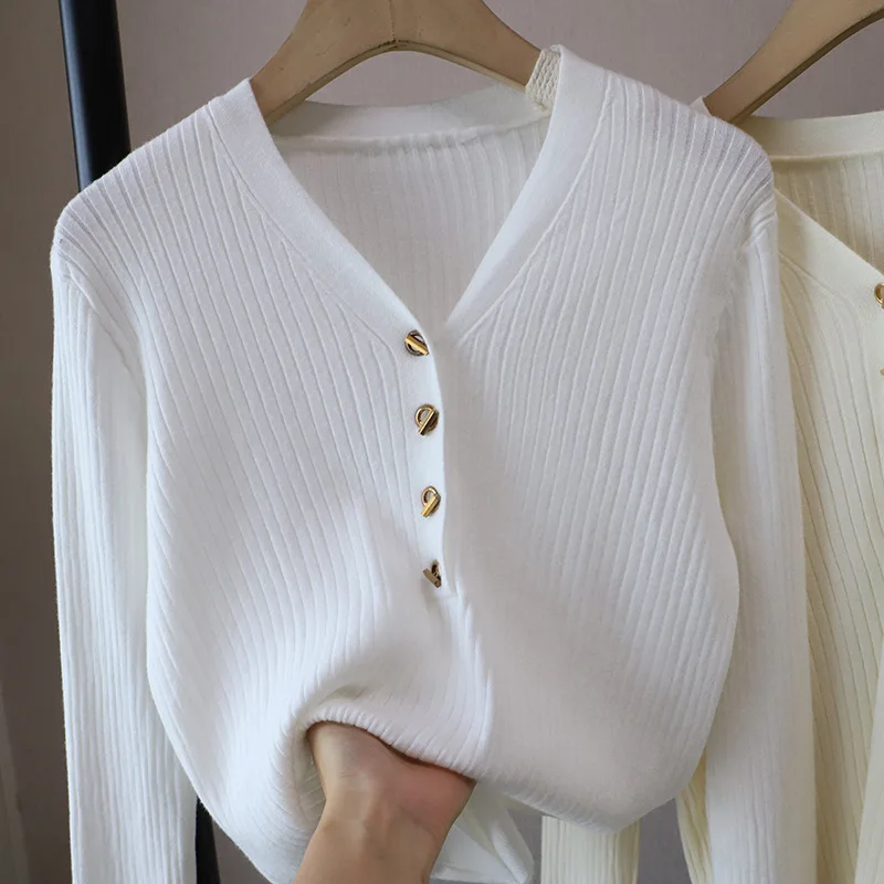 

Women's V-Ne Knitted Sweater Long Sve Base Layer irt Early Autumn 2025 New White Loose Fit Overalls