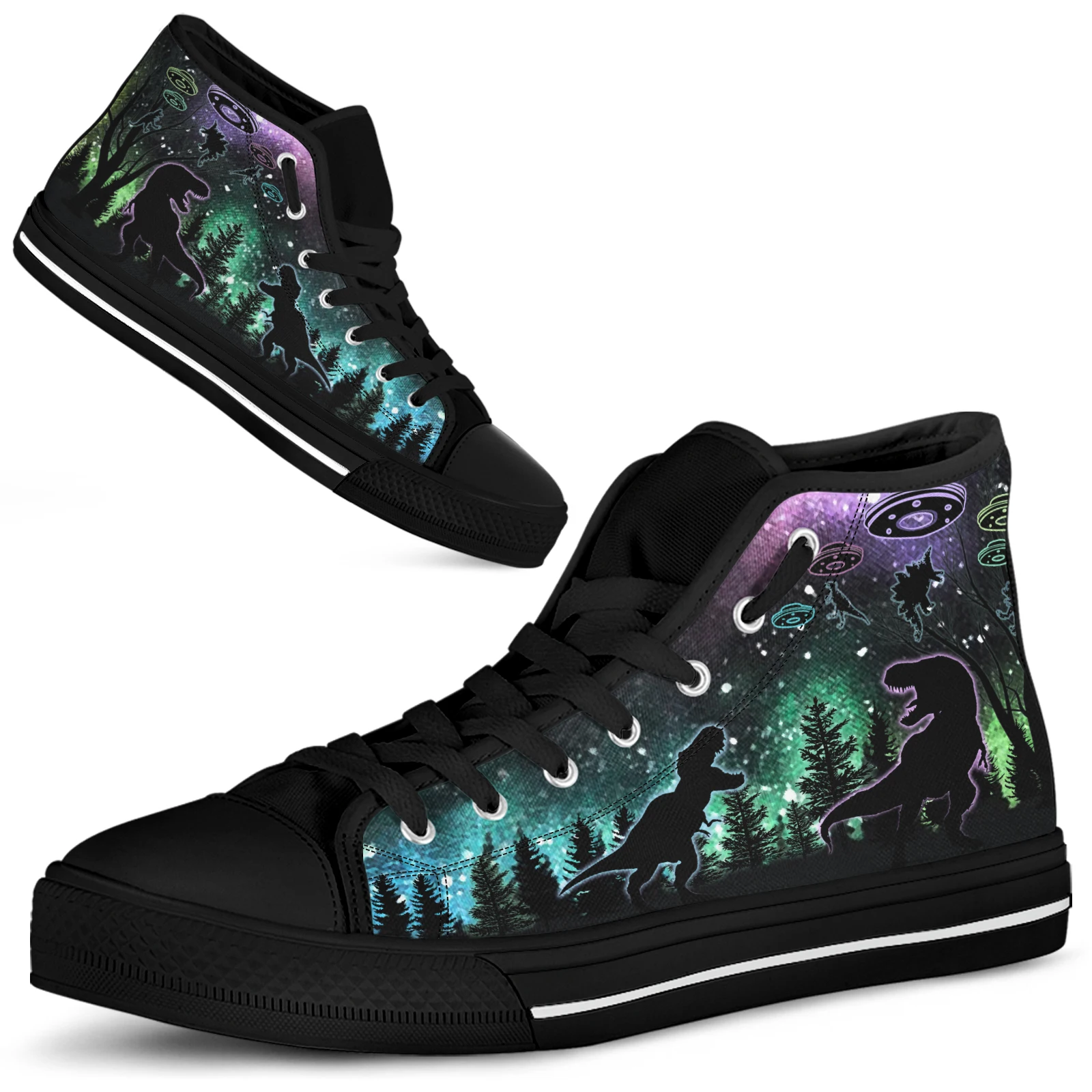 ELVISWORDS Fashion Shoes Cartoon Starry Sky Universe Space Galaxy Dinosaur Sneakers T-Rex UFO Print Tennis Shoes Chaussure Femme