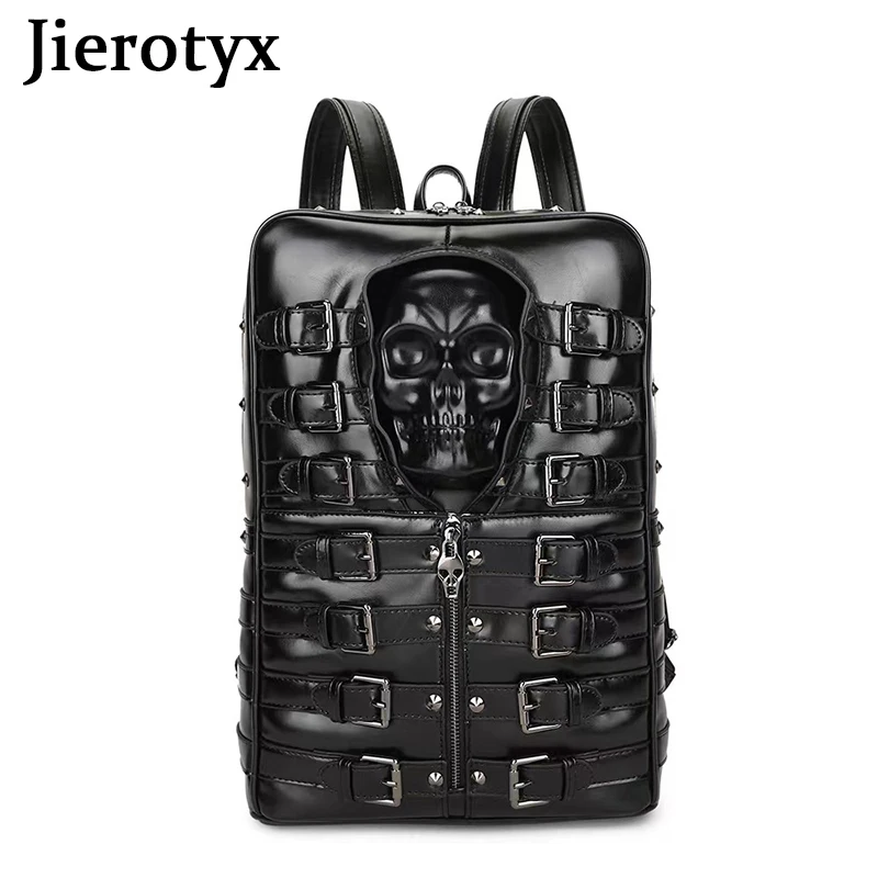 JIEROTYX-Bolso de viaje de estilo Punk para mujer y hombre, mochila de día con calavera negra, hebilla de cinturón, decoración, bolsos góticos de