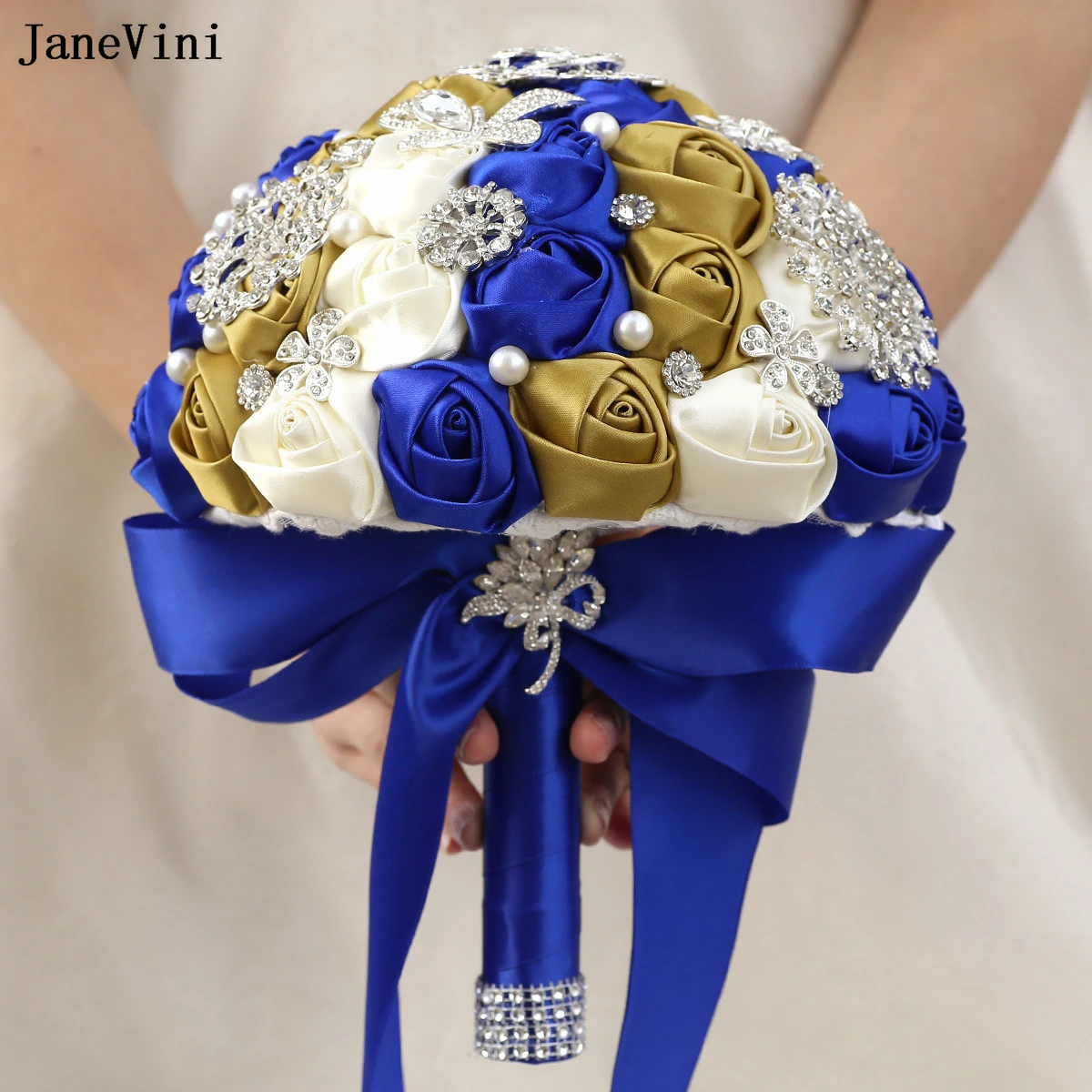 JaneVini Bling Bling Silver Diamond Royal Blue Bridal Bouquets ประดิษฐ์ซาตินกุหลาบดอกไม้งานแต่งงานเข็มกลัดช่อดอกไม้สําหรับเจ้าสาว