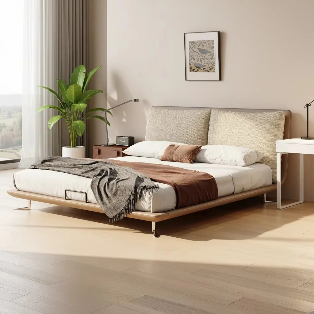 xx-Microfiber Fabrics Bed Italian Minimalist Light Luxury Upholstered Bed Modern Simple Full Size Bed for Master Bedroom&