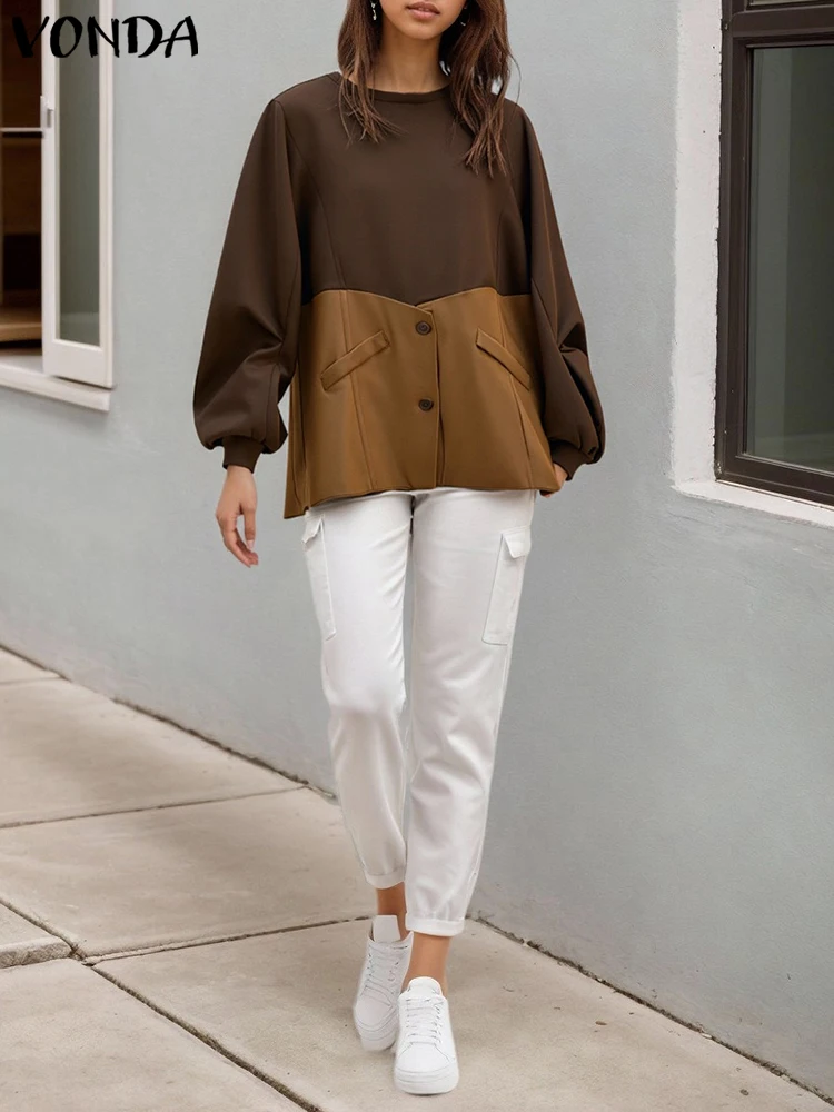 

Plus Size Women Hoodies Sweatshir Casual Round Neck Patchwork Contrasting Blouse 2025 Autumn Long Sleeve Sweatshirts Pullovers