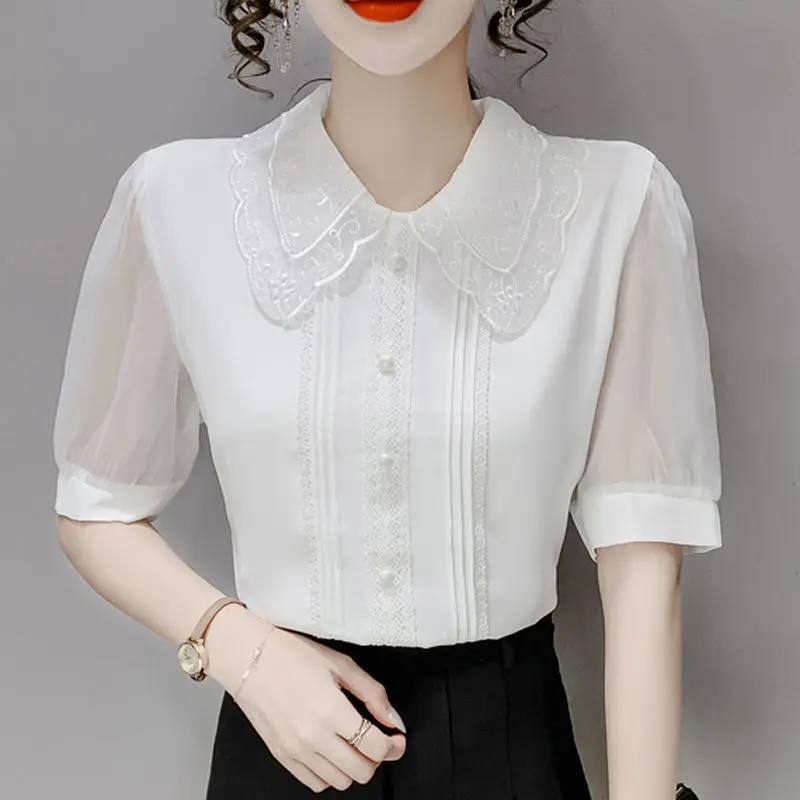 Chiffon Blouse New Doll Collar White Shirt Summer Short Sleeve Lace Cute Bottoming Shirt