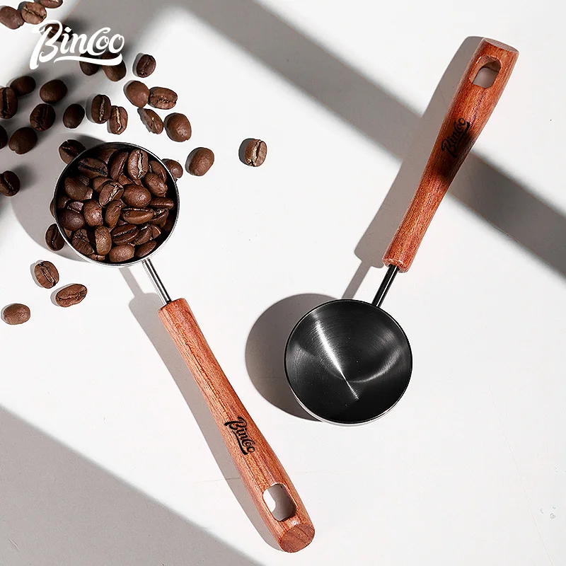 Bincoo-Long Handle Rosewood Coffee Powder Measuring Spoon, 304 Stainless Steel Coffee Bean Spoon, Wooden Handle