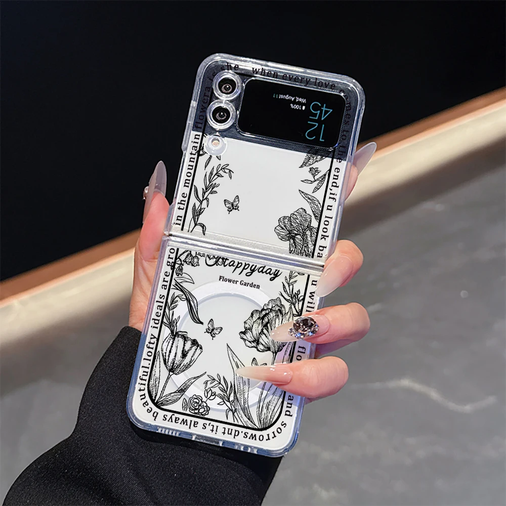 Fashion Ins Flowers Wireless Charge For Magsafe Magnetic Phone Case for Samsung Galaxy Z Flip 6 5 ZFlip 4 3 Flip6 Flip5 5G Cover