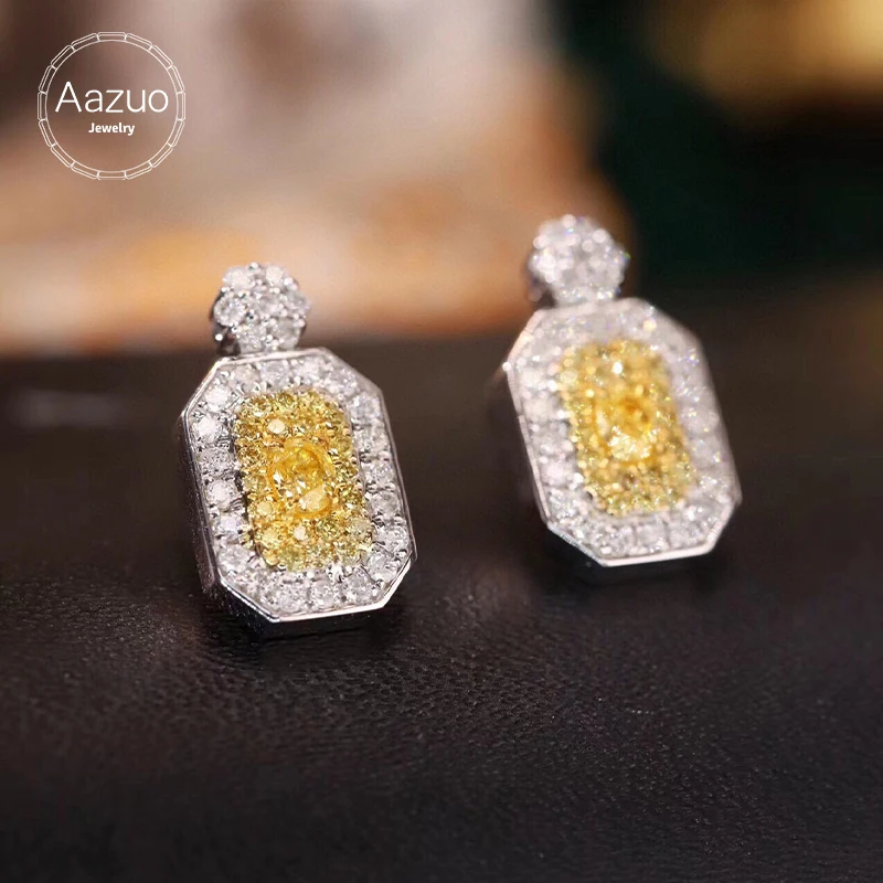 Aazuo Fine  Jewelry18K White Gold Real Yellow Diamonds Square Stud Earring Love Gifted For Women Wedding Party Real Gold Au750