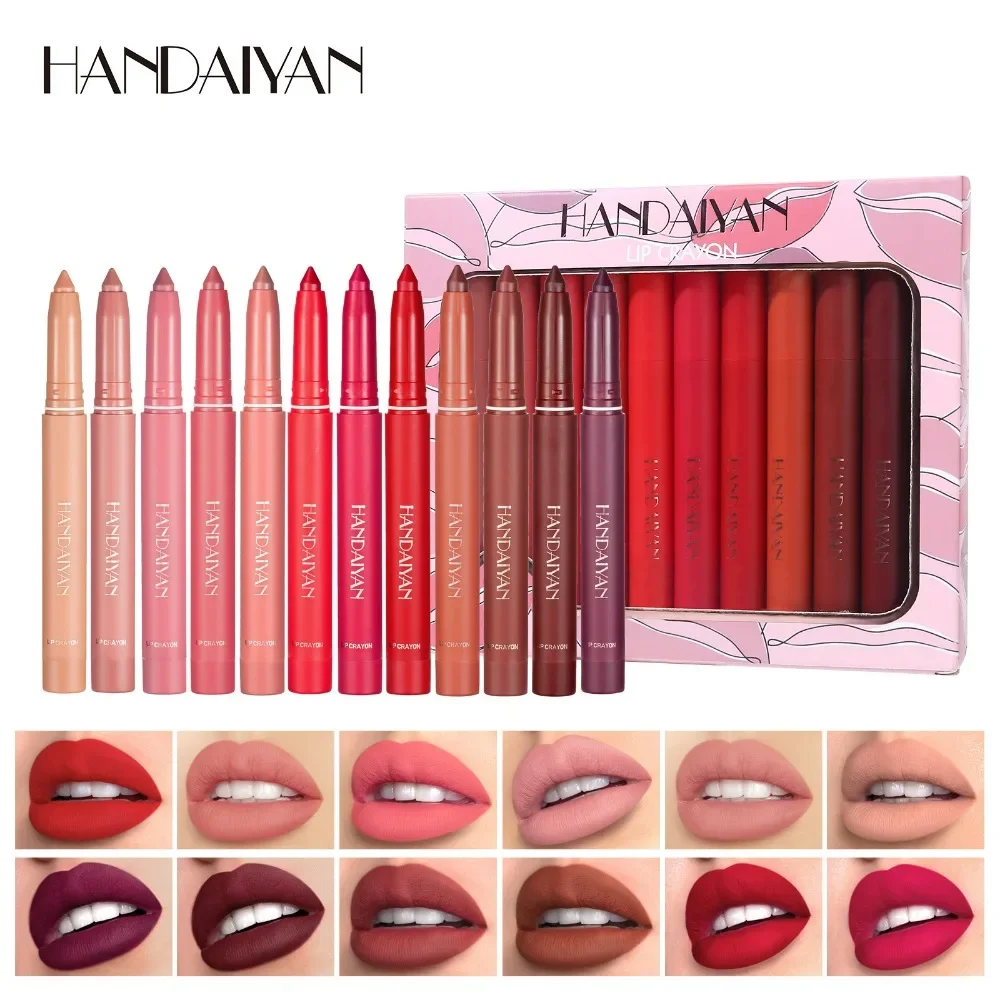 HANDAIYAN 12 Kleuren/Doos Fadeless Non Sticking Cup Matte Lippenstift Pen Lip Draaibare Lipliner met Puntenslijper Vrouwen cosmetica