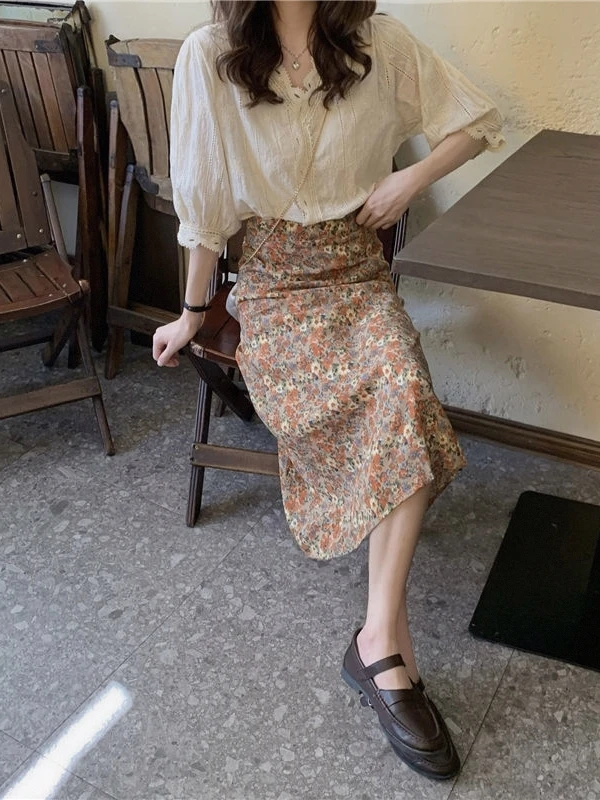 Retro Lace Trim Loose Shirt Floral Print Half Skirt Two Piece Set Single Piece Summer 2026 New Style Women's Casual Dress