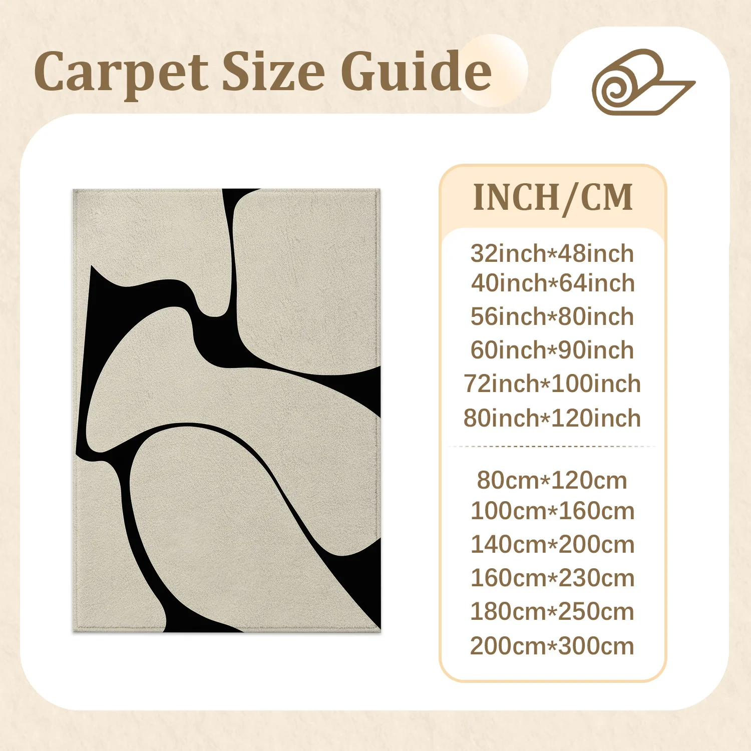 Large Indoor Area Rug, Soft Velvet Low Pile Non-slip Dotted Backing, Machine Washable Modern Abstract Black Beige Organic Pattern, Ideal for Living Room and Bedroom Home Decor
