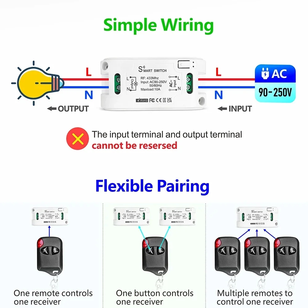 RF Wireless Smart Switch Light 110V 220V,50meters Control Distance,Remote Control Interruptor 10A for LED Lamp Fan