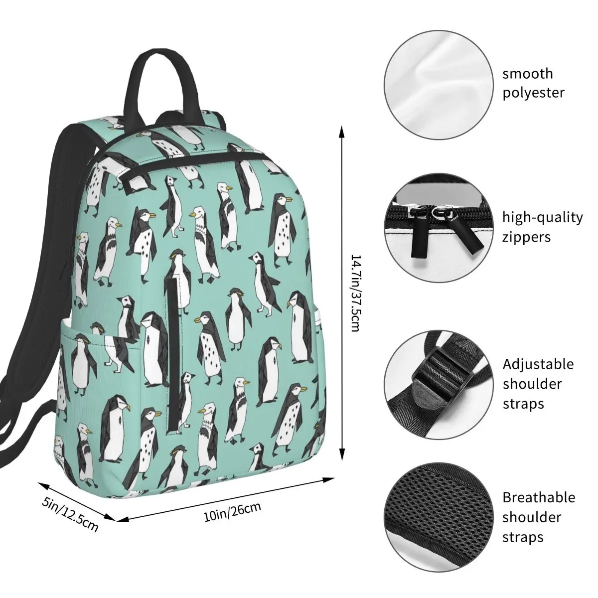 Penguin - Mint By Andrea Lauren Backpack Student BookBag Boys Girls School Bag Computer Shoulder Bags Men Women