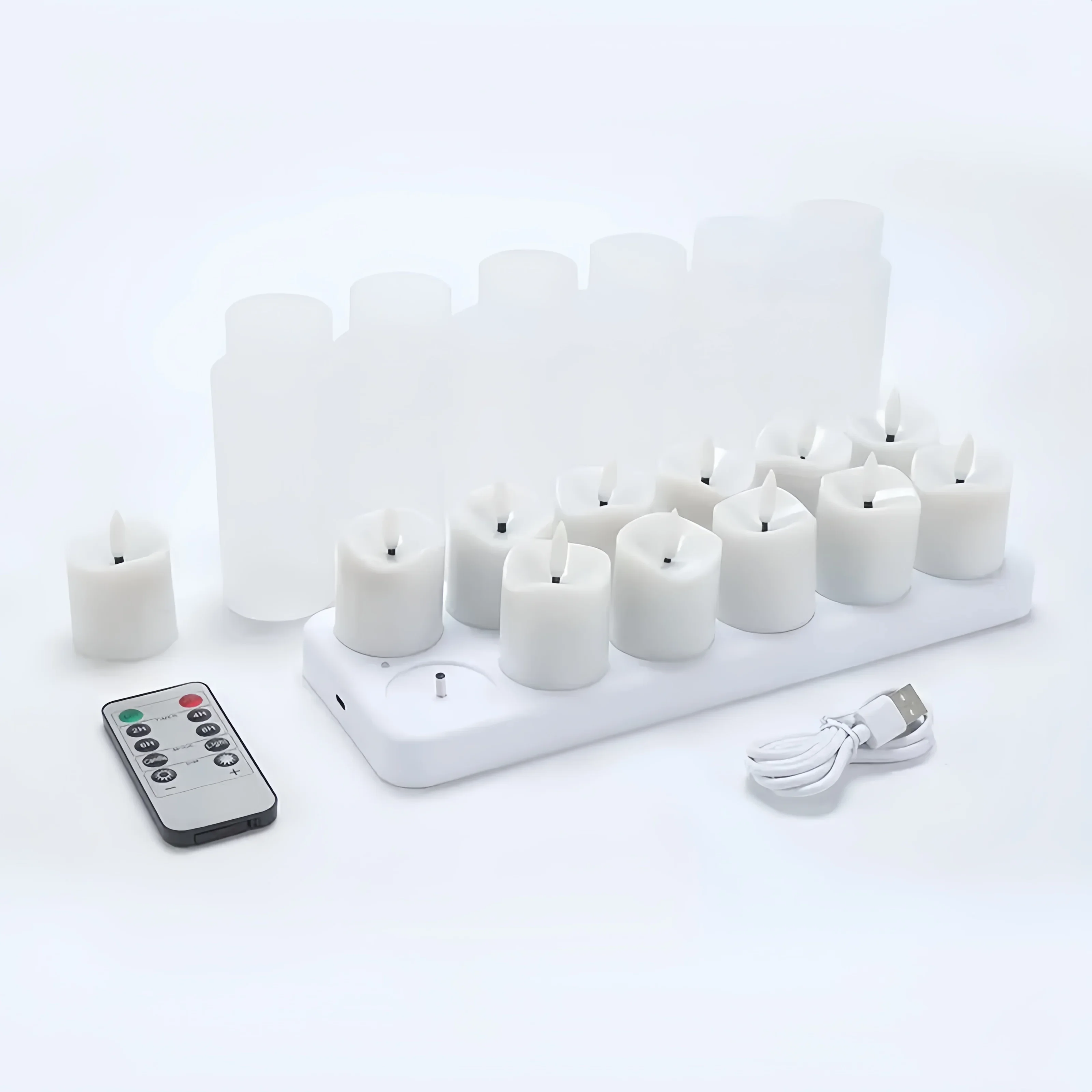 Pack of 12 Rechargeable Led Tea Light remote controlled w/Timer function Flameless Votive Candle Lights with USB Charging Base H