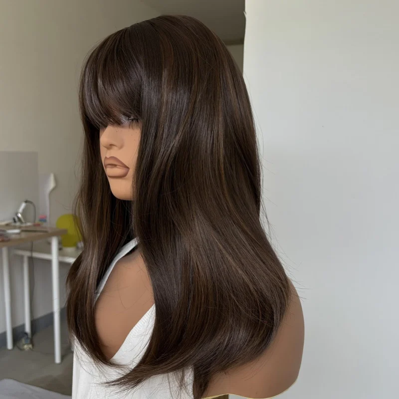 

Heat Resistant Synthetic Hair Mixed Brown Straight Dress Up Wigs With Bangs