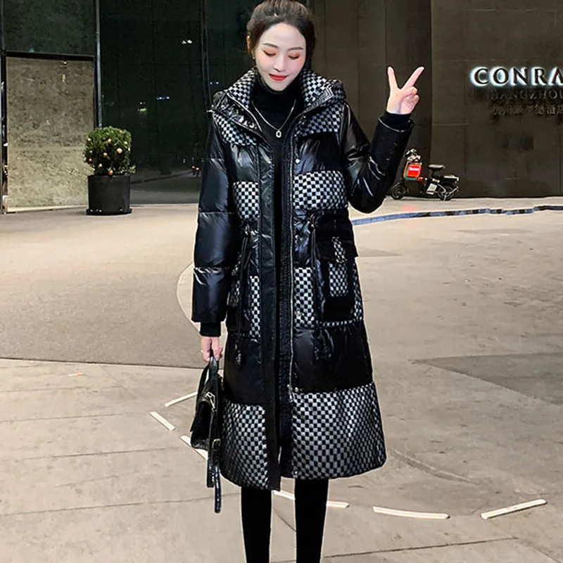 New Womens No-wash Black Plaid Down Jacket Winter Snow Parker Overcoat Long High-end Female Bright Face 90% White Duck Down Coat