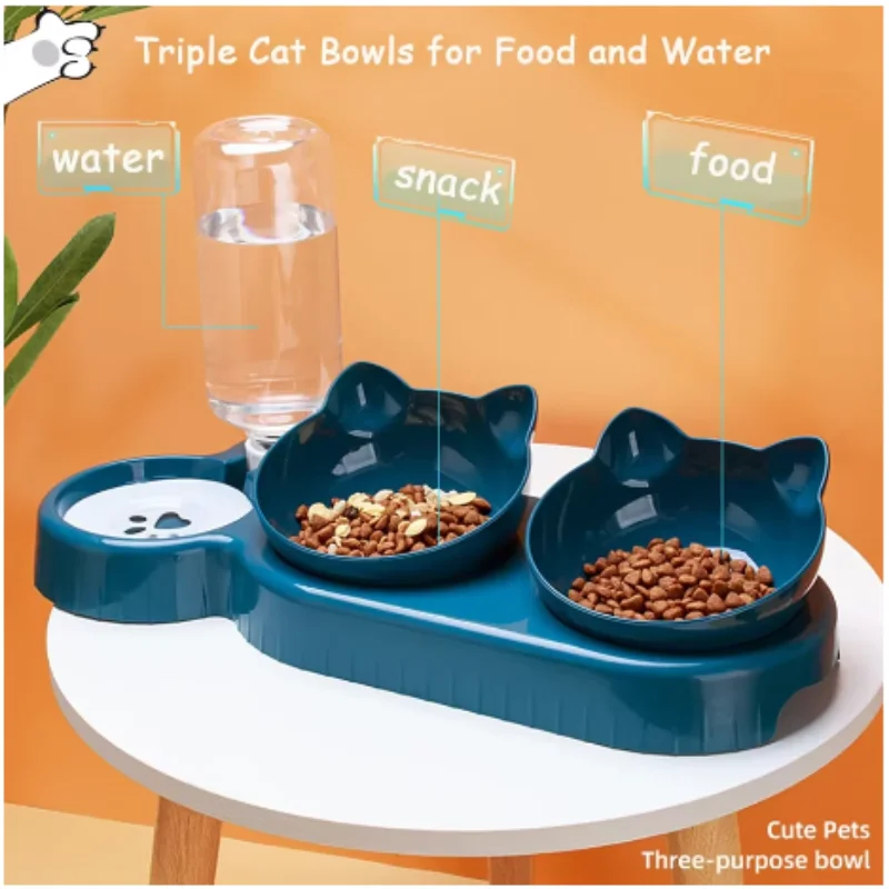 3-In-1 Cat Bowl Set with Tilted Ear Design and Gravity Water Bottle for Neck Protection - Bowls with Water Feeder Cats food bowl