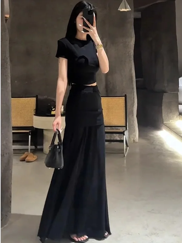 

Cool And Sli Summer Outfit Set Women's ort T-irt Top High Waist Skirt Slimming Ele Two-Piece Set round Ne ...