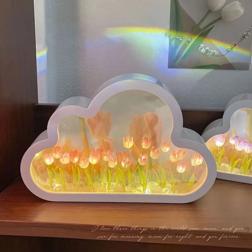 INS Handmade DIY Cloud Tulip Mirror Small Night Light INS Girl Heart Living Room Desktop Decoration Birthday Gift Holiday Gift