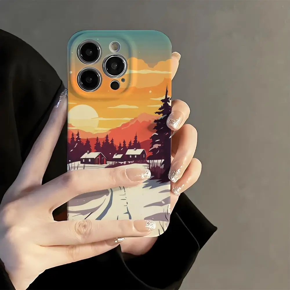

Winter Landscape Anime Phone Case Film Korean INS for iPhone 16 15 14 13 12 11 Pro Max Plus Luxury Cover