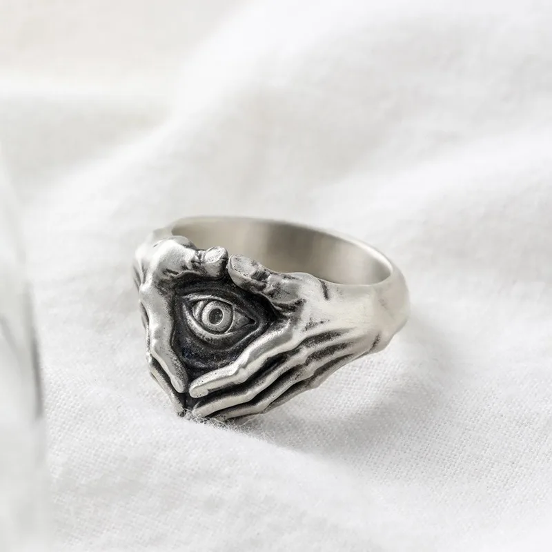 Vintage Hand Eye of Providence Ring, Unisex Adjustable Open Band, Trendy Art Statement Jewelry for Couple Gift
