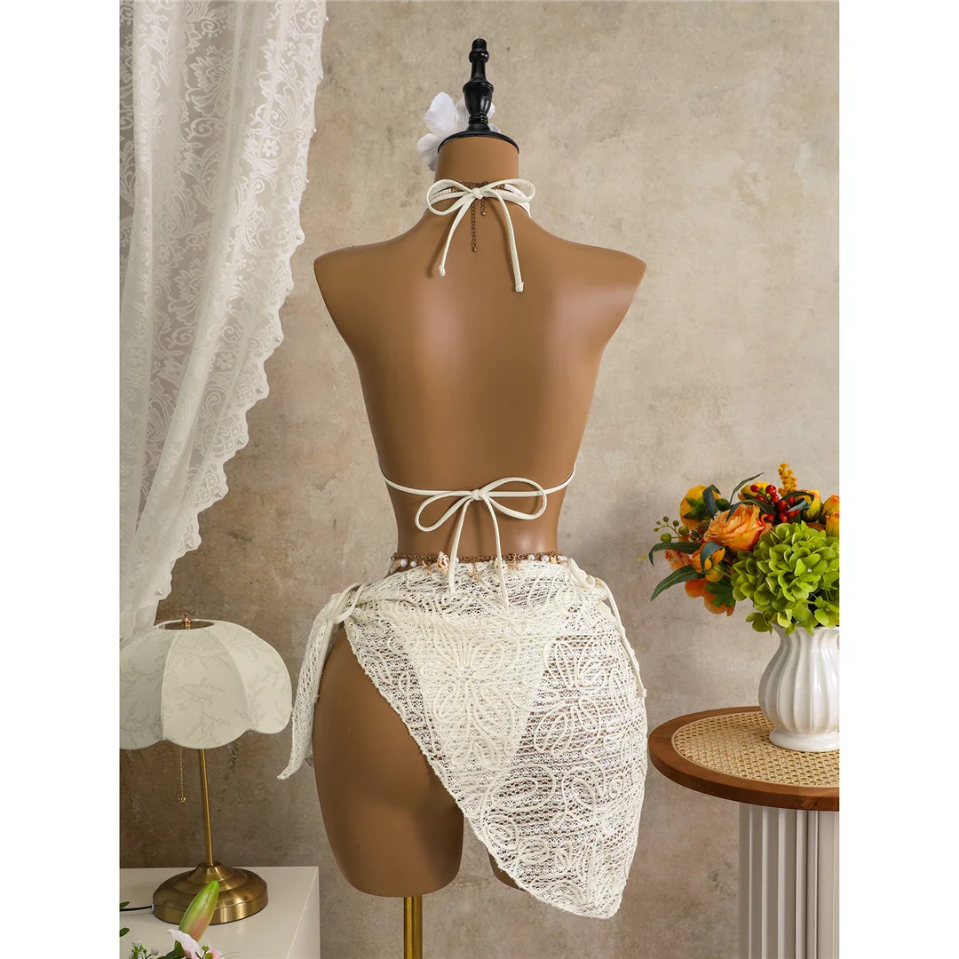 Mit Sarong-Halterneck-Bikini, bedruckter Bikini, Damen-Badebekleidung, dreiteiliges Bikini-Set, gepolsterter Badeanzug, Badebekleidung, Badeanzug, Modell V8073. – Detail 10