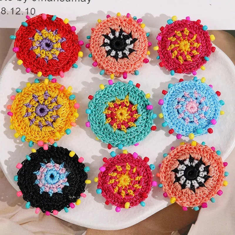 Trendy New 10pcs 34mm Colorful Acrylic Seed Beads Decorated Wool Felt Woven Crochet Floral  Round Patch Sticker Garment Decor