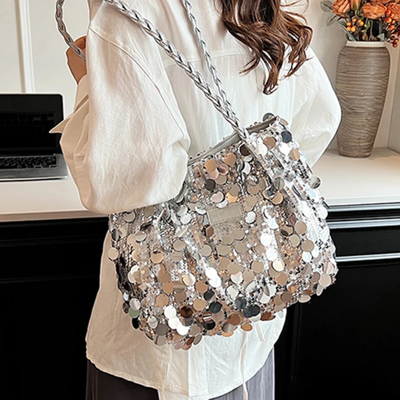 

Sparkling Sequin Large Capacity Commuting Tote Bag 2025 New Women's Zipper Closure Shoulder Bags Fashion Handbag