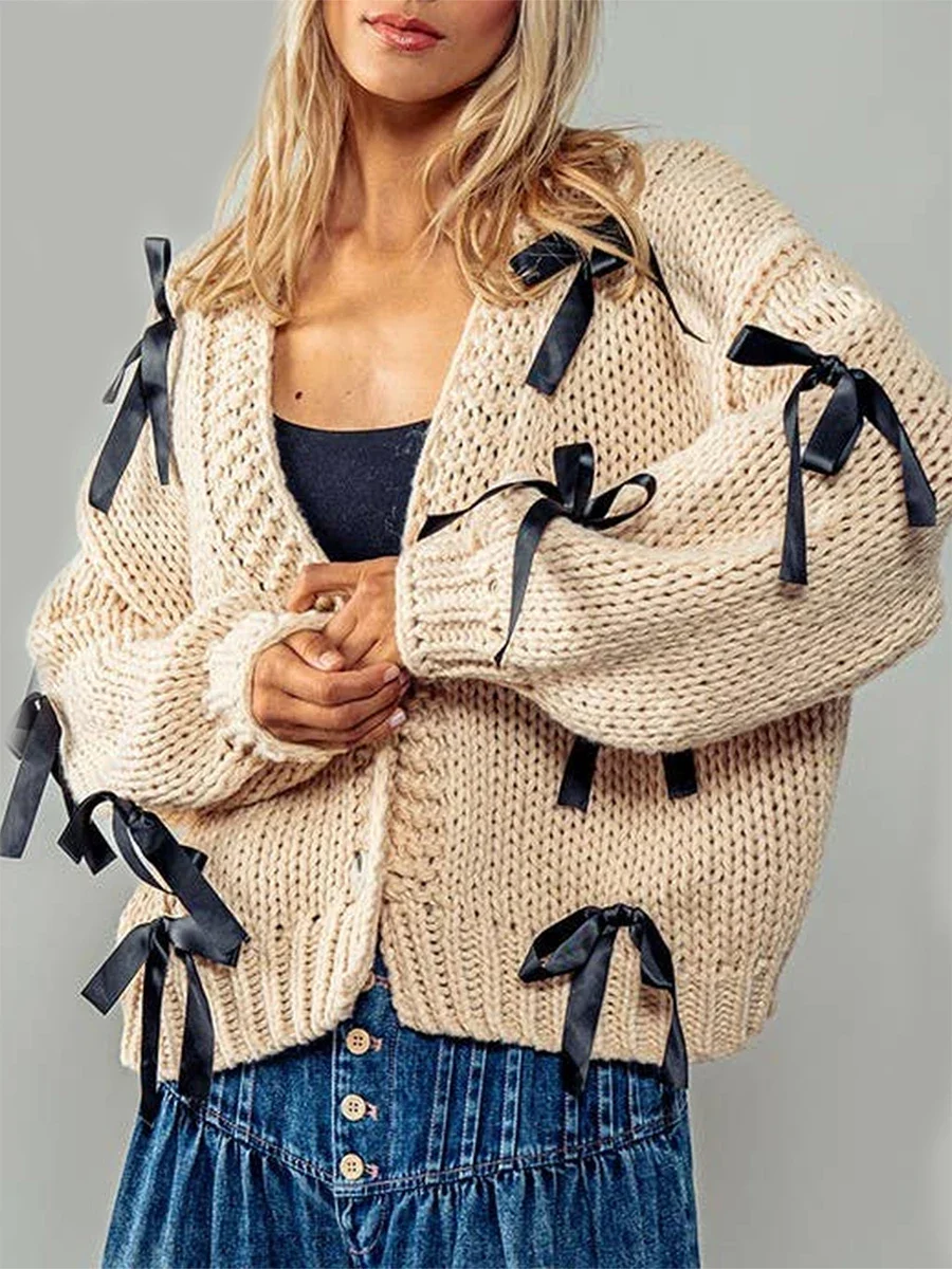 Cardigan à manches longues et col en V profond pour femmes, pull boutonné, veste en tricot décontractée