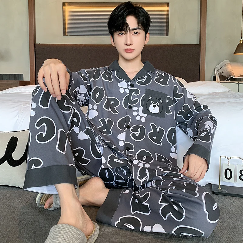 New Pajamas Suit Men Spring Autumn Long-sleeved Large-size Loungewear Male Men's Nightgowns Print Loose Sleepwear Set Pyjamas