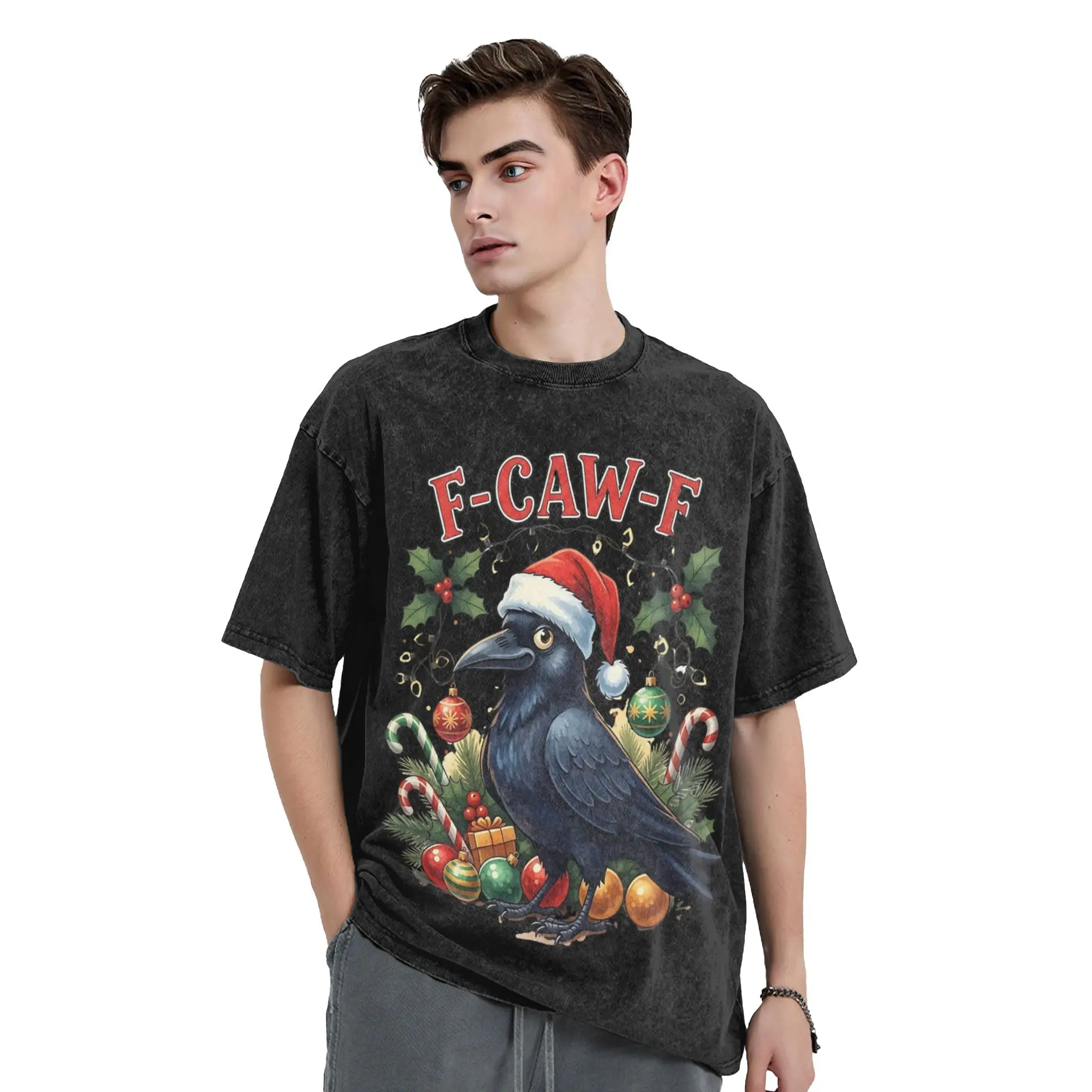 

F-CAW-F Crow Christmas Funny Santa Crow T Shirt Washed 100% Cotton T-Shirts Vintage Men Women Streetwear Graphic Printed Tees