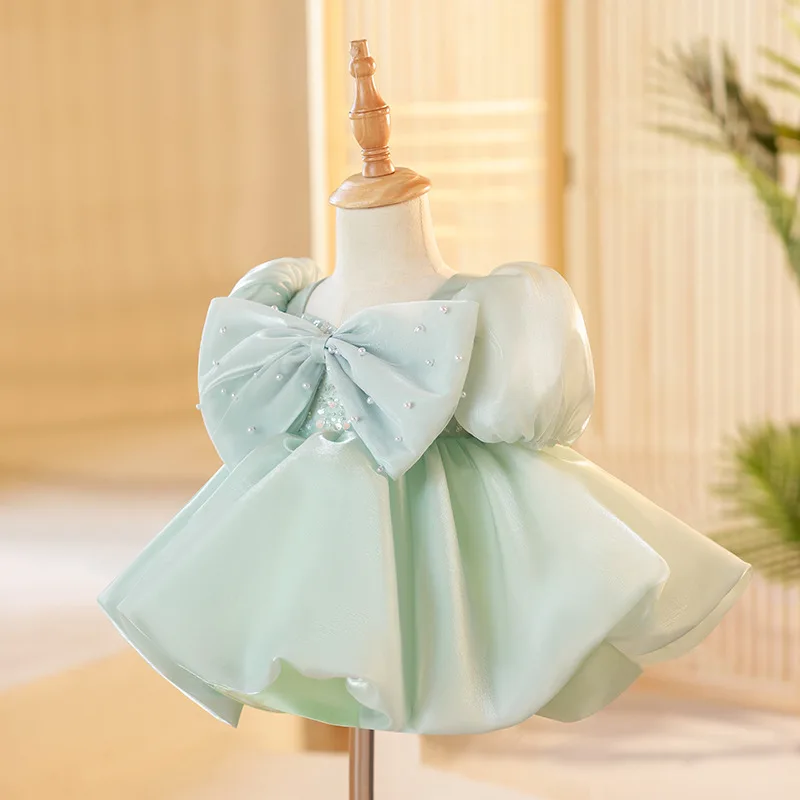 Customized Bow Deisgn Puff Sleeve Square Collar Kids Birthday Party Vestidos Simple Solid Flower Girls Dresses Pleated Princess