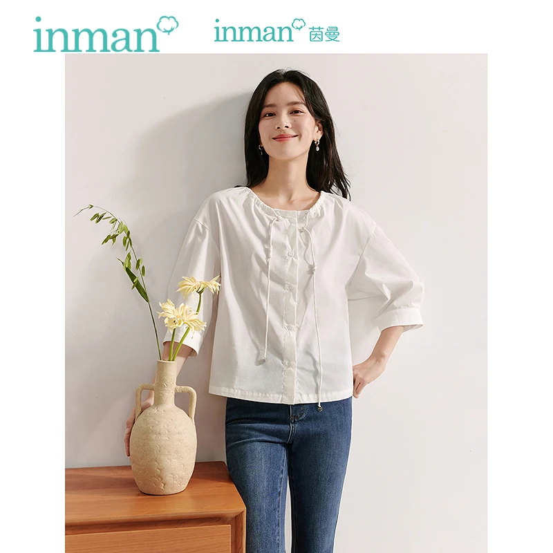 

INMAN Women's Shirt French Chic Cotton Poplin 2024 Autumn Lace-up Pleated Seven-point sleeve Loose embroidered Women Top