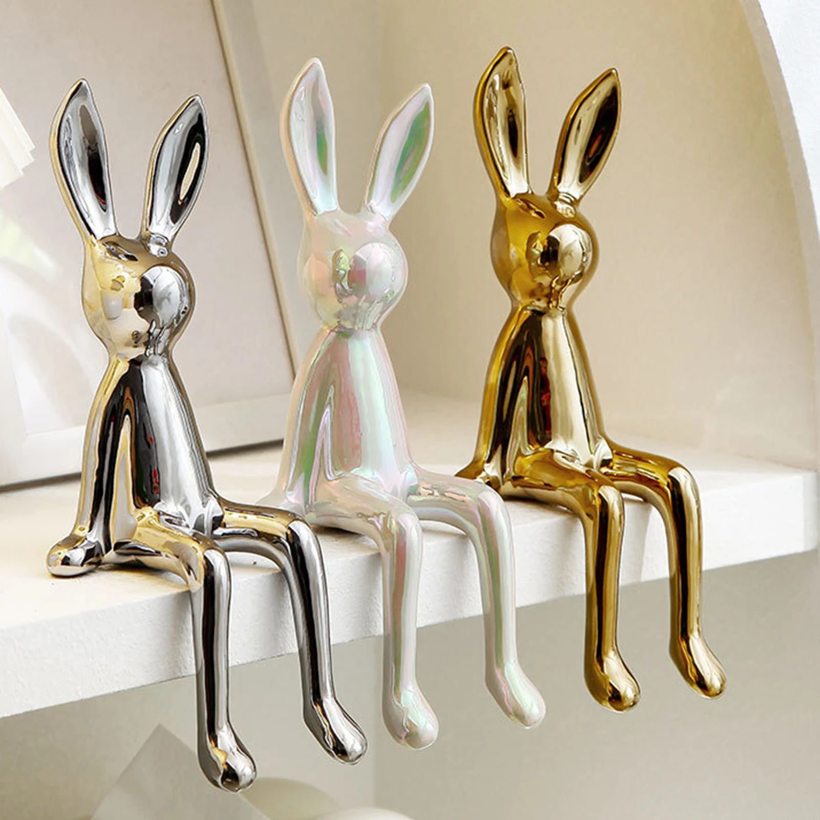 Rabbit Statues Office Home Decor Creative Shiny Modern Nordic Animal Figures Decorative Centerpieces Bunny Art Sculpture Crafts