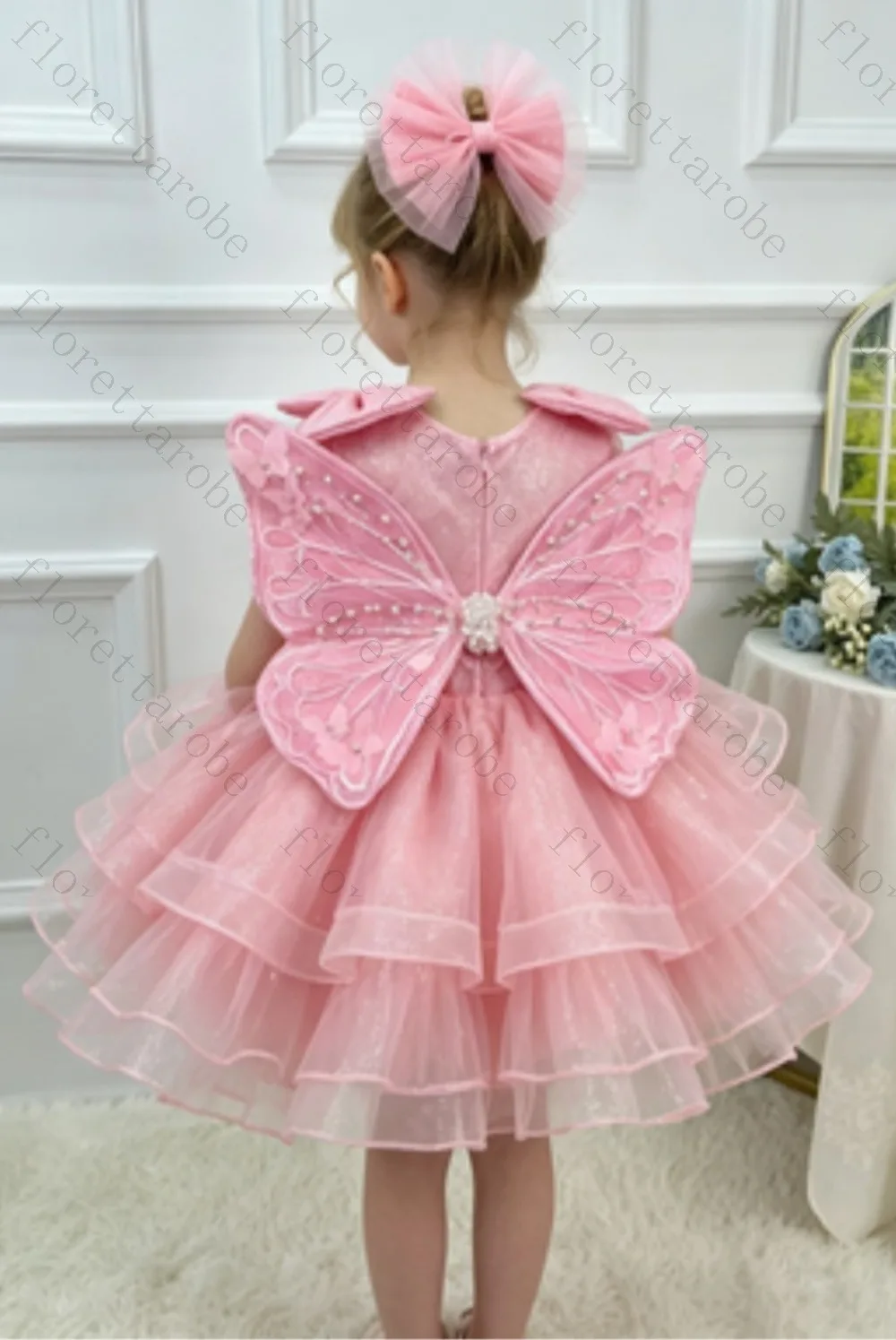 Customized Pink Glitter Baby Girl Birthday Dress Shoulder Bow 3D Butterfly Applique Multi‑Layer Ruffled Puffy Tutu Skirt Wedding