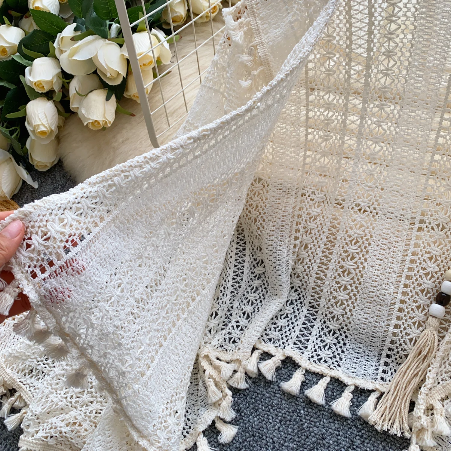 2022 frühling Und Herbst Urlaub Stil Cape-Mantel frauen Böhmischen Retro Strand Cover-up Hohl Gestrickte Quaste Top