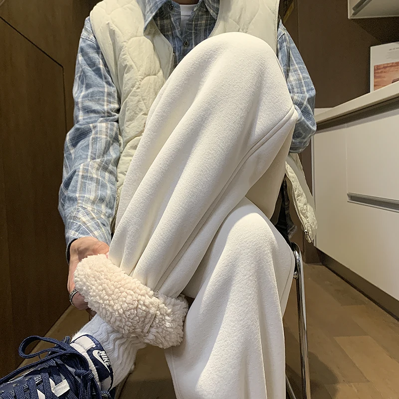 

Thiened Fce Men's Winter Faion Brand American Heavyweight Lamb Velvet Sweatpants Youth Loose Sports Pants Cuffed