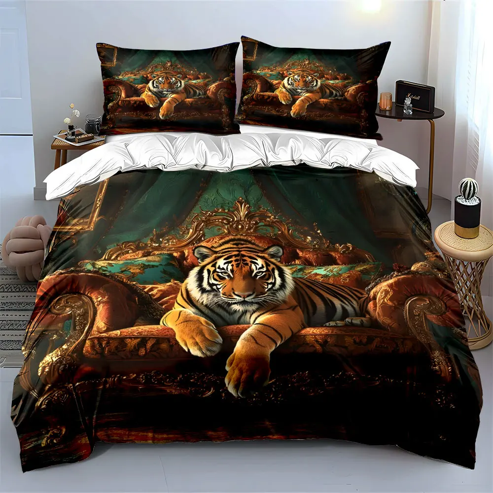 Majestic Tiger on Luxurious Sofa Printed Duvet Cover Set 1 Duvet Cover+2 Pillowcase Multi Size Bedroom Bedding Decoration