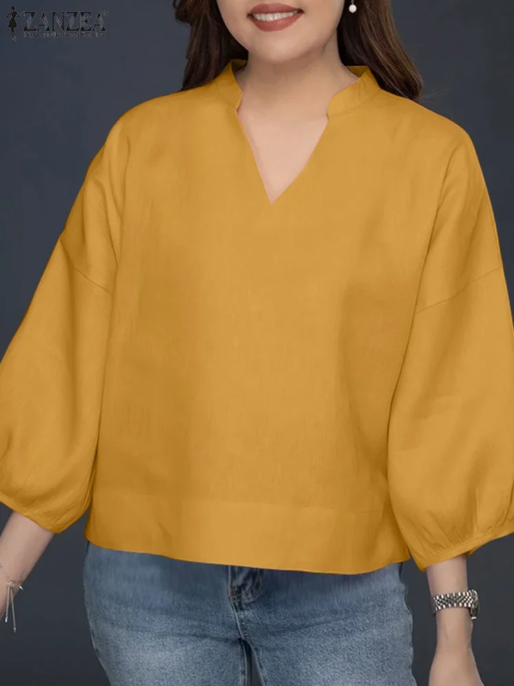 

ZANZEA, повседневная одежда, модные топы-туники, однотонные женские летние блузки с рукавами-фонариками 3/4, Blusas Mujer, повседневные свободные блузки с v-образным вырезом